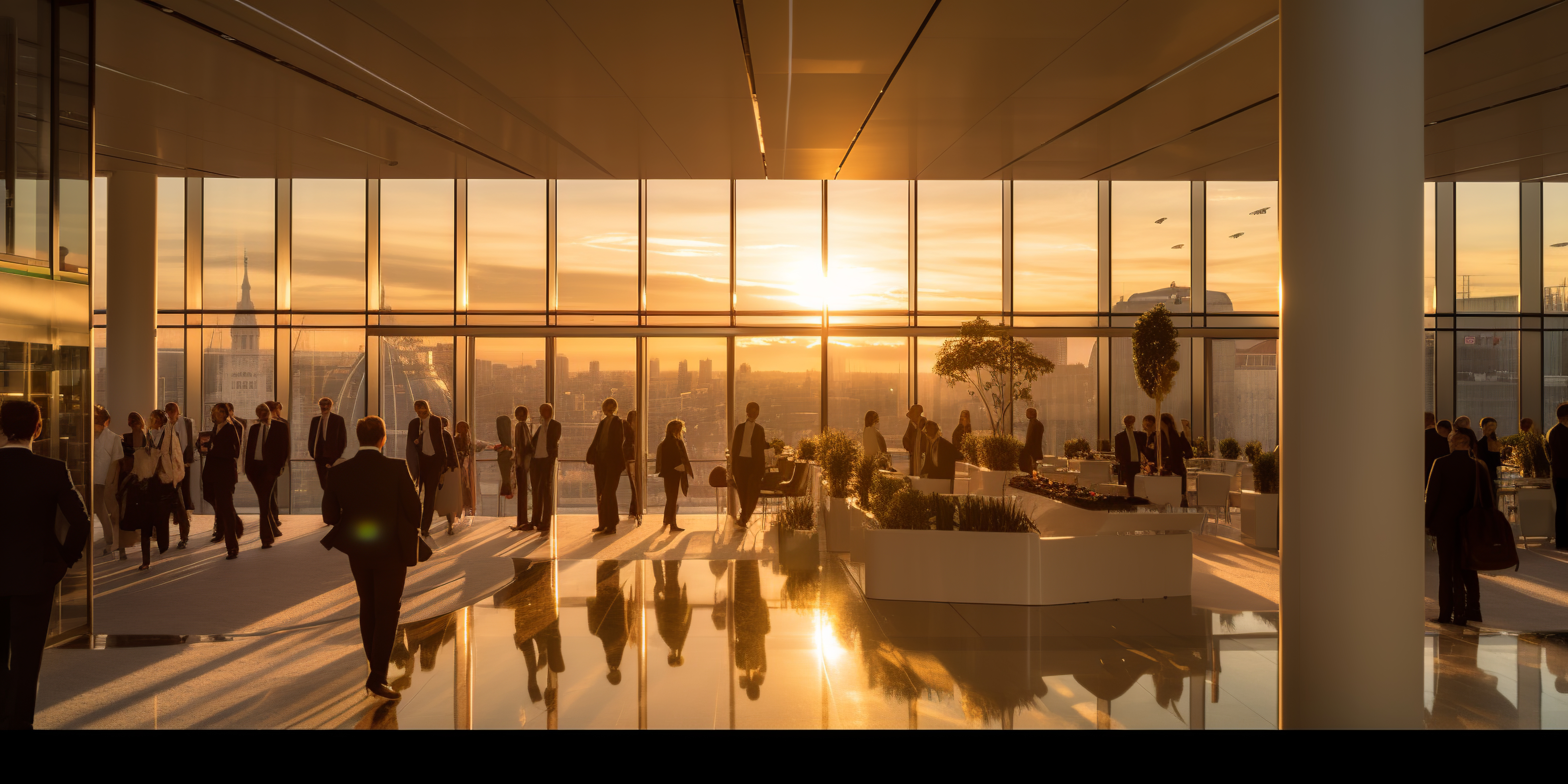 sunset-hues-reflected-glass-busy-white-office-marking-end-corporate-day